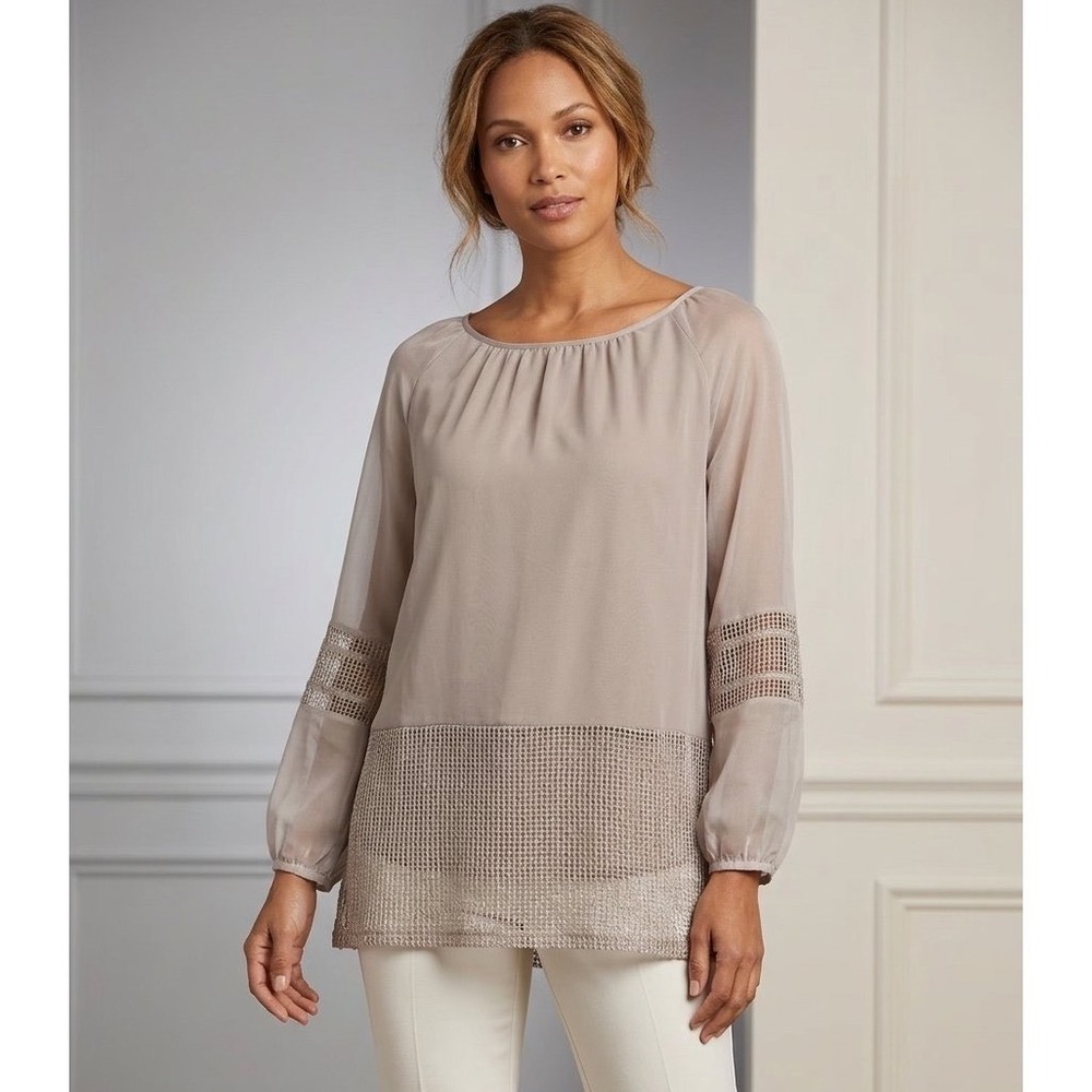 Krazy Kat Taupe Sheer Mesh Sequin Hem Tunic Blouse Small Minimalist Fairy